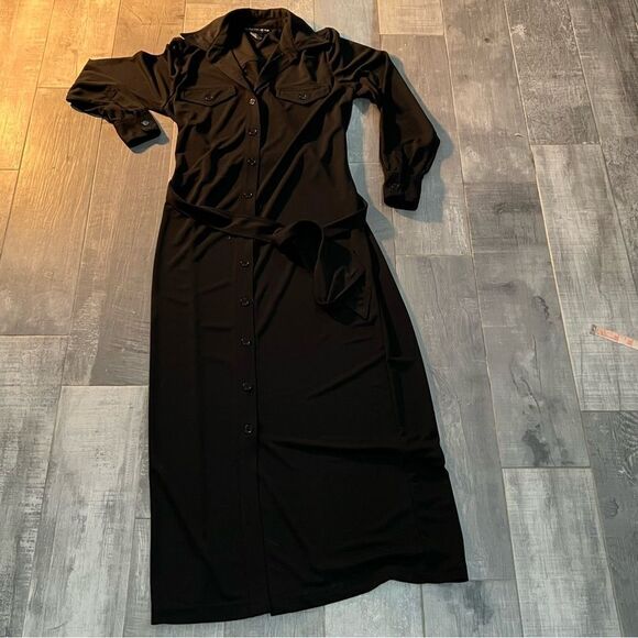 Y2K Maxi Shirt Dress Andrea Jovine Black long Sleeve Button Up Stretch Relaxed S - Picture 16 of 16